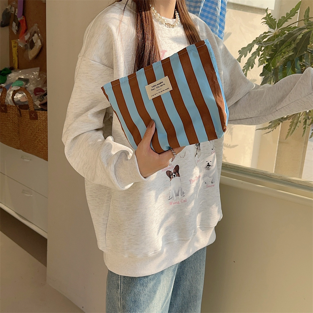 310175 striped cosmetic bag with zipper canvas for travel, large capacity cosmetic storage bag for women details Picture