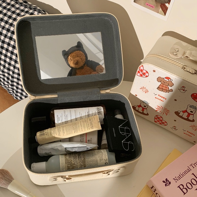 Cute and girlish printed makeup case, high appearance level, large capacity for skin care product storage, carrying case with mirror, makeup bag Specification drawing