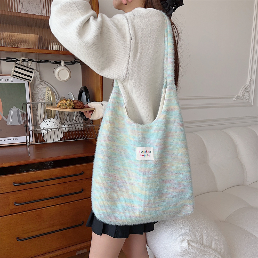 310273 Autumn and winter cute furry tote bag, large-capacity student book bag, single-shoulder canvas vest bag for girls details Picture