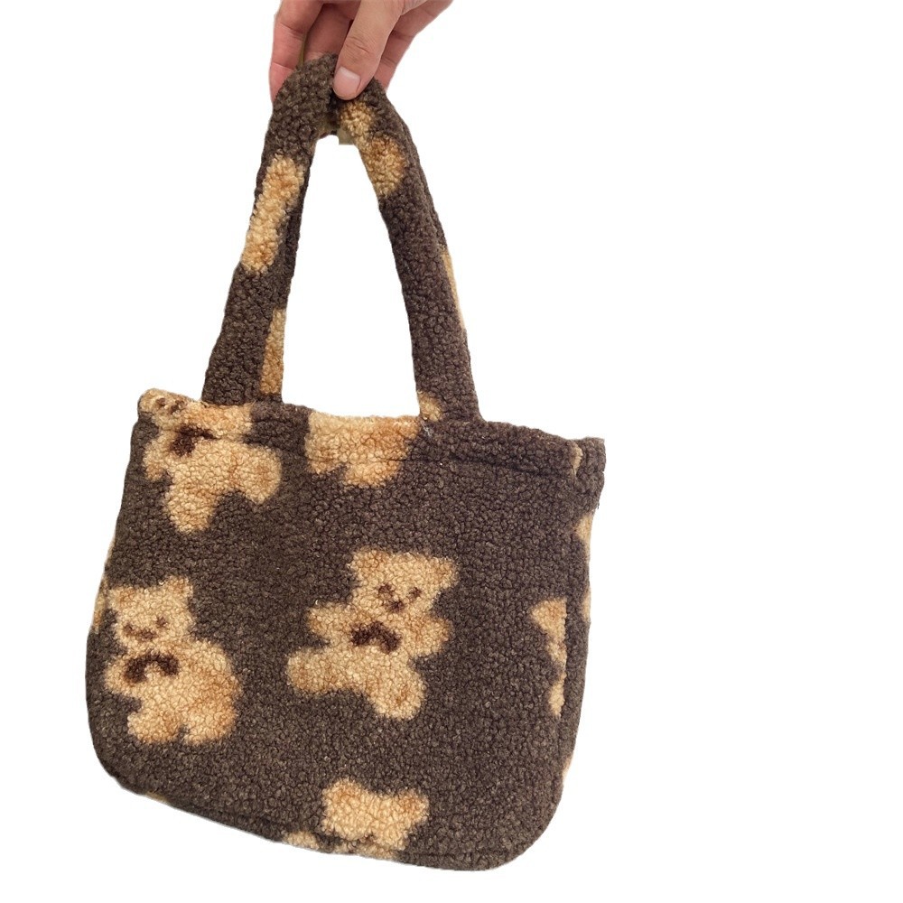 01032 Artistic retro cute plush bear handbag, casual lambskin versatile shoulder bag, bento bag Item Picture