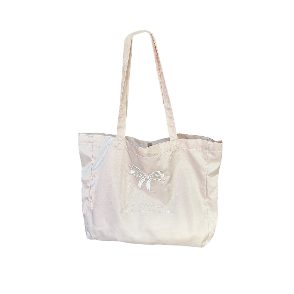 44284 large-capacity double-sided embroidered bow, sweet tote bag, single-shoulder cloth bag, canvas schoolbag for girls Item Picture