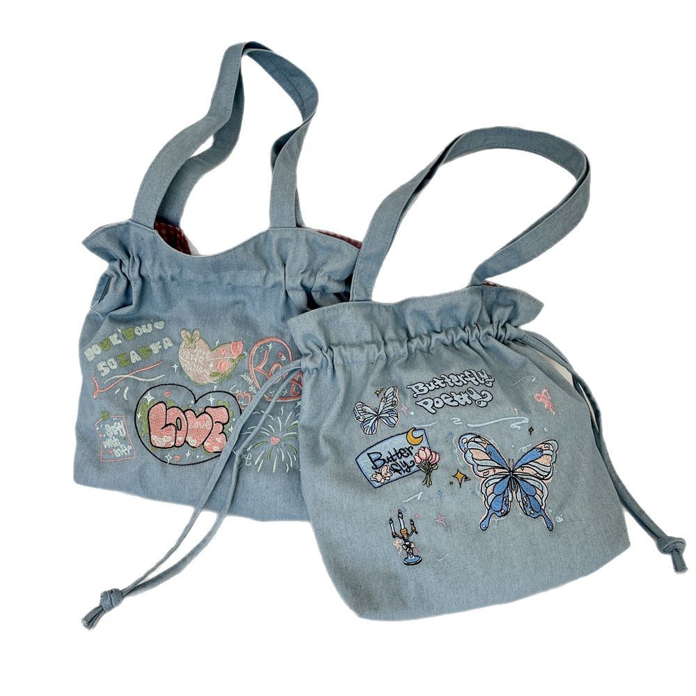 54203 2025 New bow-embroidered large-capacity denim drawstring tote bag, fashionable single-shoulder hand-carry large bag Item Picture