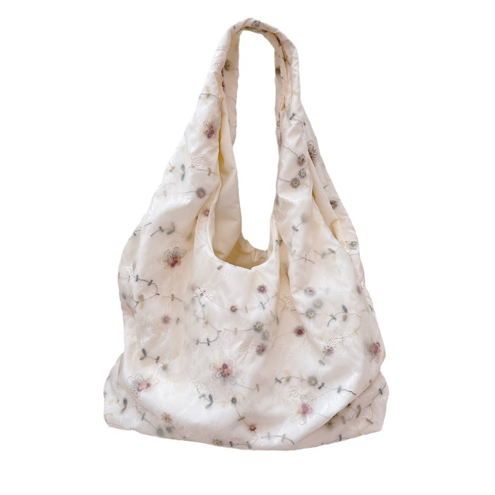 48303 ins Niche large-capacity single-shoulder bag, chiffon embroidered women's underarm bag, commuting to work hand-held canvas bag Item Picture