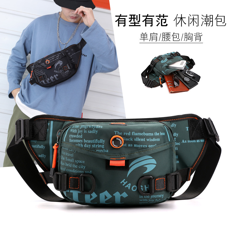 Cross-border exclusive outdoor trendy waist bag, new Korean version men's chest bag, running headphones, close-fitting waist bag, crossbody bag details Picture