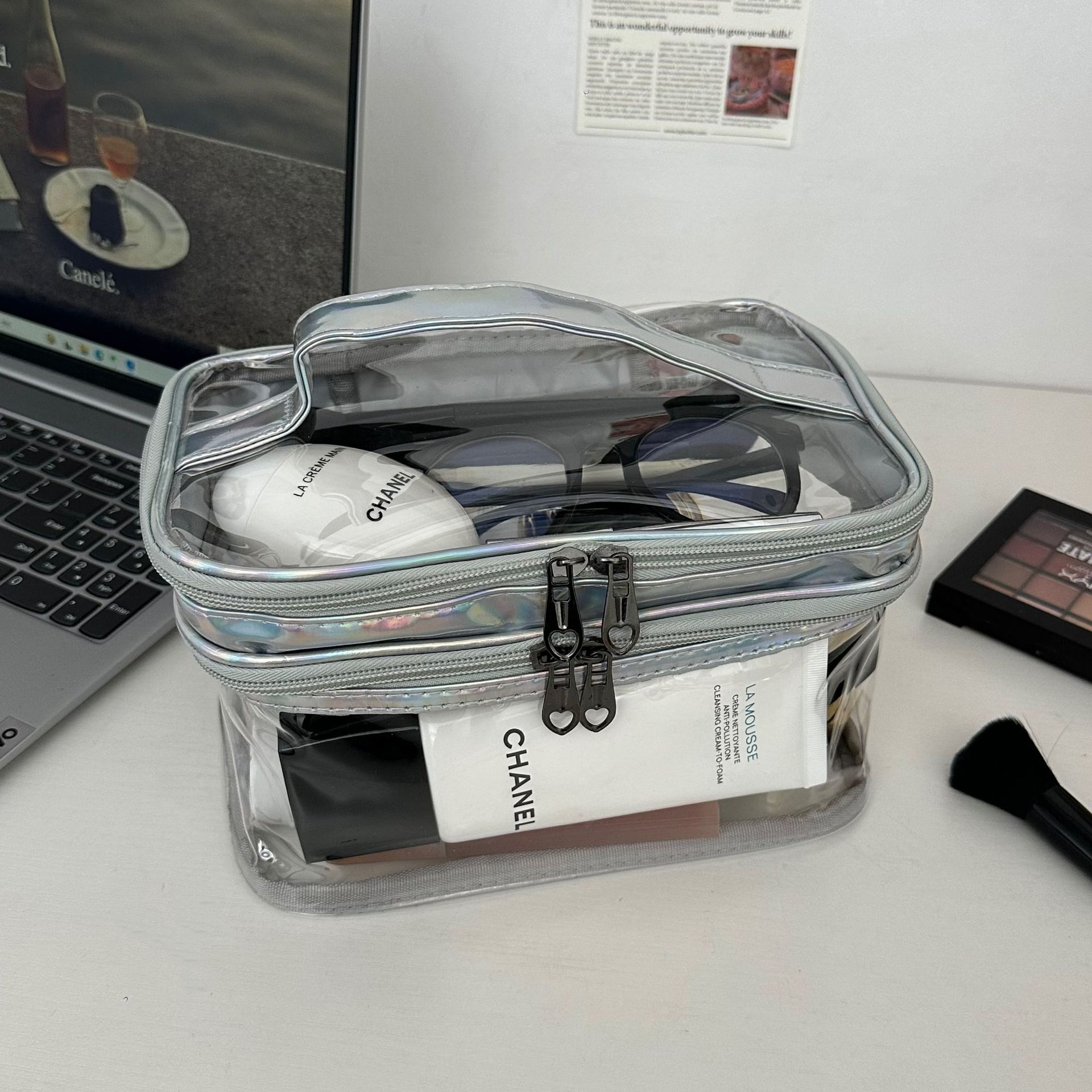 Laser transparent waterproof cosmetic bag for women 2025, new large-capacity double-layer skin care and cosmetic storage bag, toiletry bag full figure
