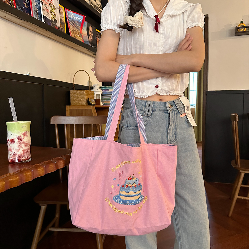 46231 Fresh and contrasting color dual-purpose single-shoulder large-capacity tote bag, lazy style embroidered canvas bag, college student backpack details Picture