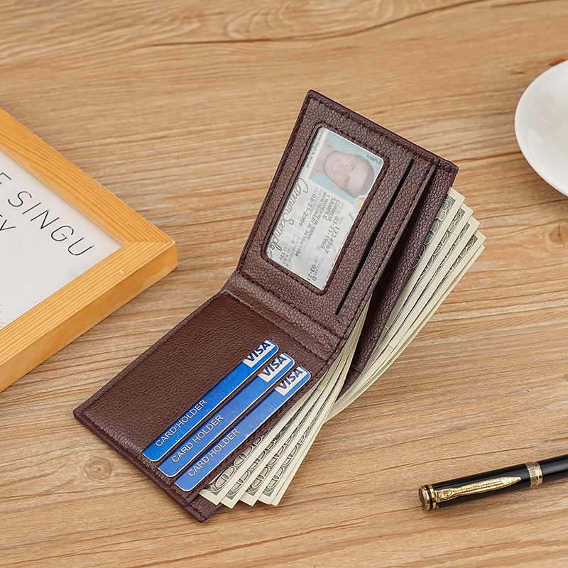 New men's wallet, short men's wallet, fashionable and casual, soft leather wallet with lychee pattern, multiple slots, large capacity, small wallet Specification drawing