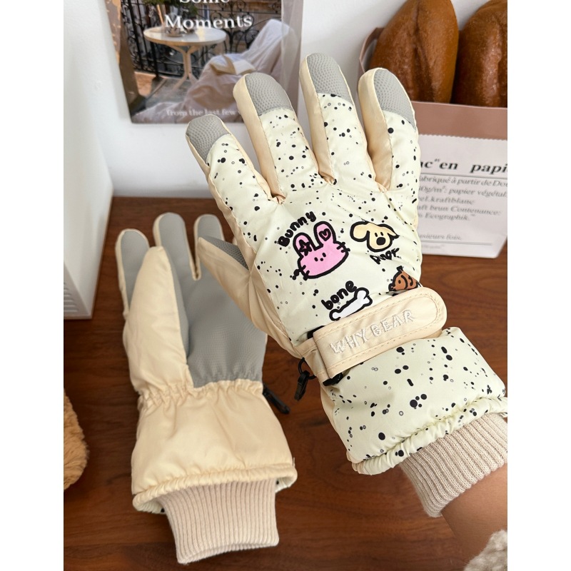 Original cartoon spotted ski dog gloves with fleece in winter, designed for outdoor cycling to keep warm and touch the screen details Picture