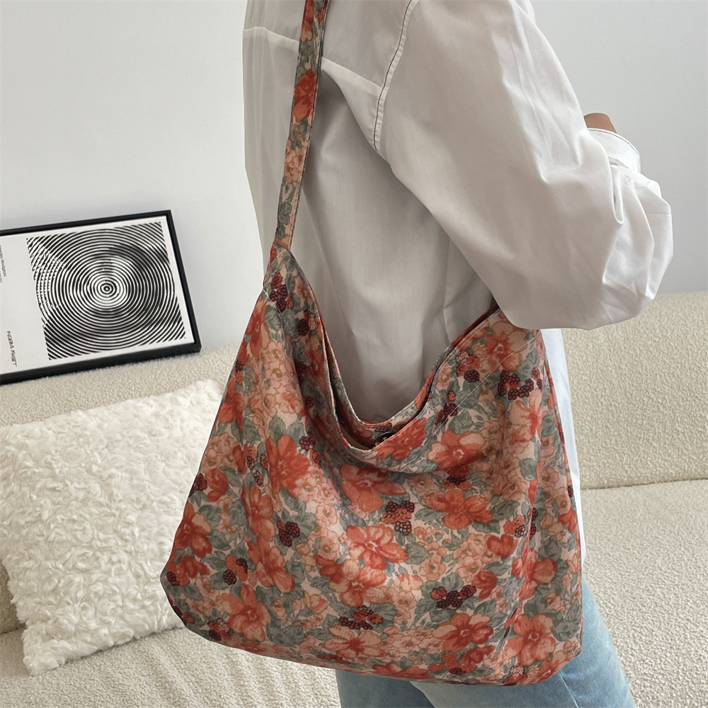 4481 Fashionable and versatile floral bag, large-capacity corduroy fabric bag, retro and laid-back style, single-shoulder crossbody bag for shopping details Picture