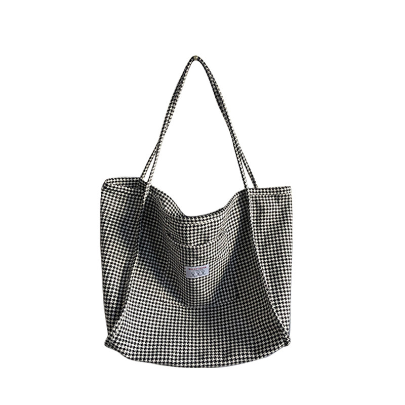 19141 Autumn/Winter New style Thousand-bird checkered Tote bag, Korean-style woolen single-shoulder canvas bag, female student large capacity cloth bag Item Picture
