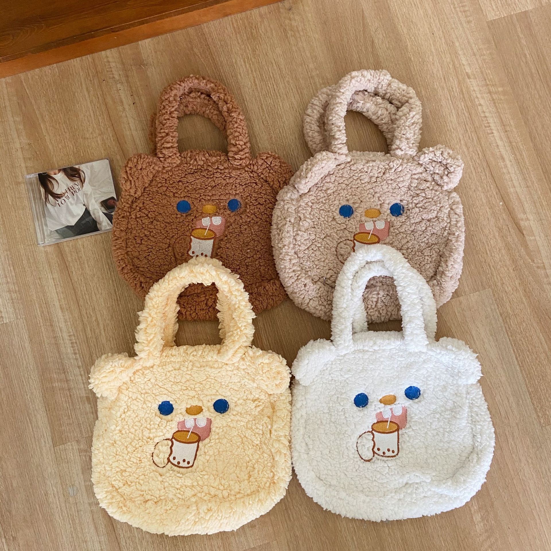 010292 Cute lamb plush bear ear handbag, Korean style Instagram sweet and versatile, student's class handbag full figure