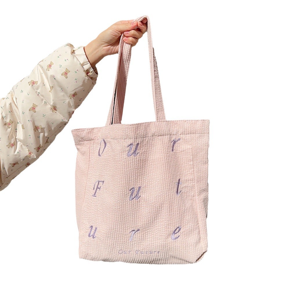 310262 embroidered letter future corduroy single-shoulder Maillard color hand-held canvas bag Women's tote bag Item Picture