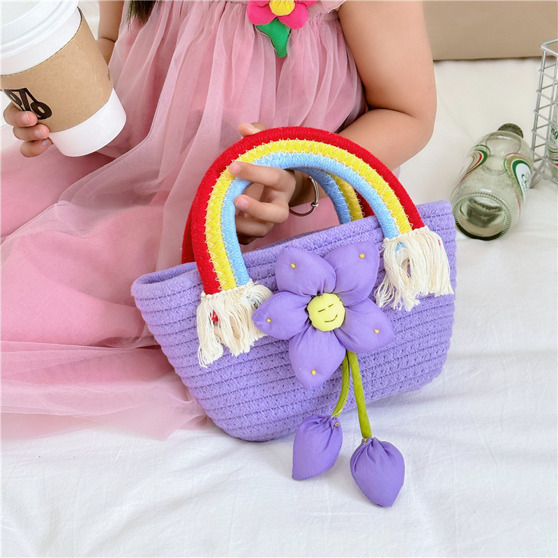 Korean version 2023 Trendy cotton rope handbag, internet-famous stylish handbag, fresh and cute flower straw woven bag, fashionable rainbow Specification drawing