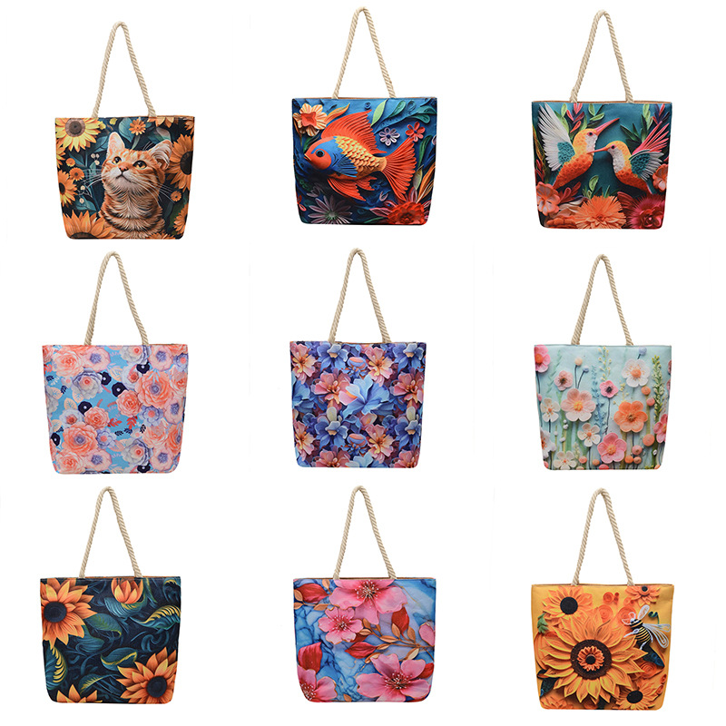 Wholesale of new cross-border retro single-shoulder bags, fashionable linen cotton rope simple handbags, double-sided embroidered canvas bags full figure