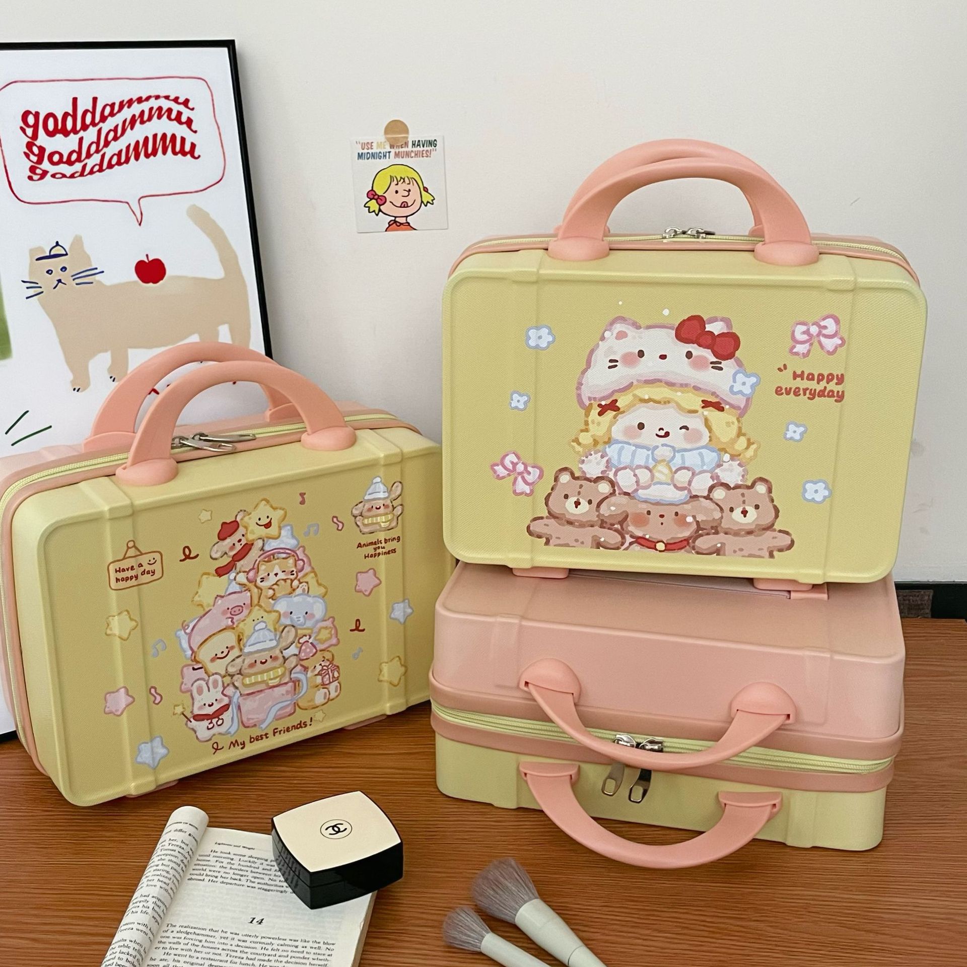 2024 New style carry-on suitcase Cartoon cat makeup bag, large-capacity portable cartoon cosmetics storage box for women details Picture