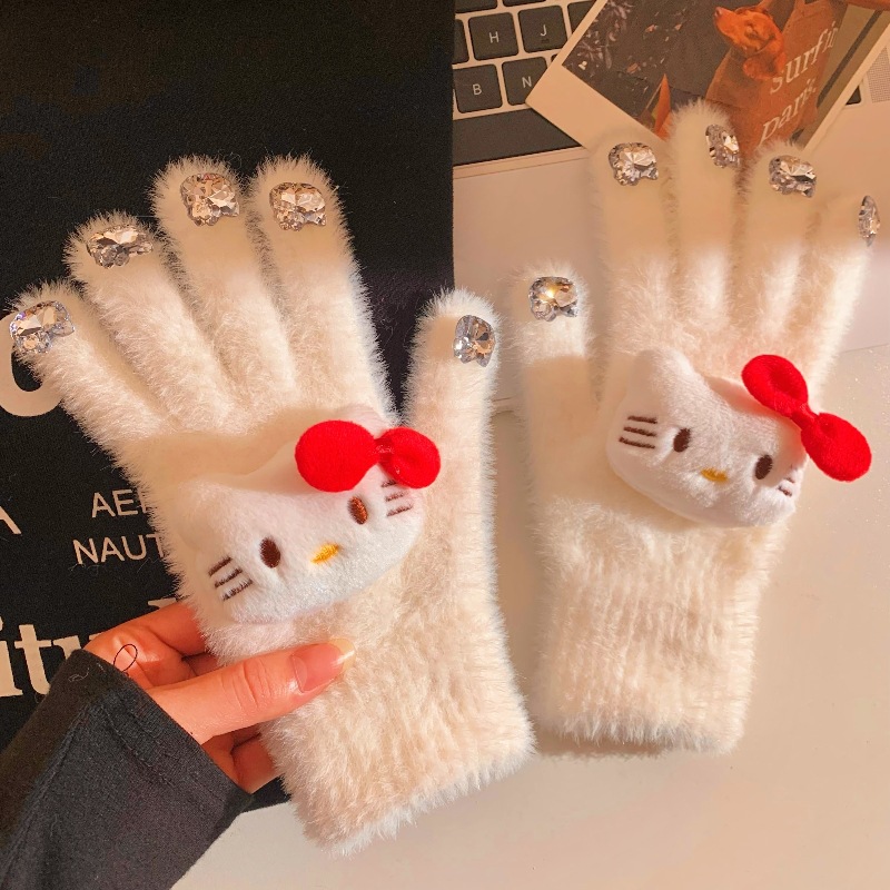 Diamond nail art cat plush gloves, thickened warm finger gloves for autumn and winter, student cycling cold-proof five-finger gloves Specification drawing