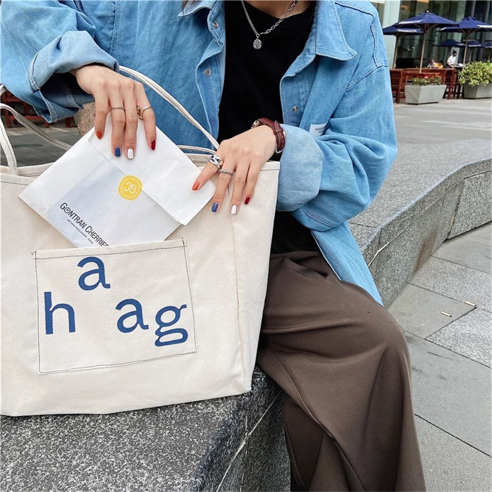 13313 New simple canvas letter Korean-style commuter tote bag, large-capacity single-shoulder bag, casual and fashionable women's bag details Picture