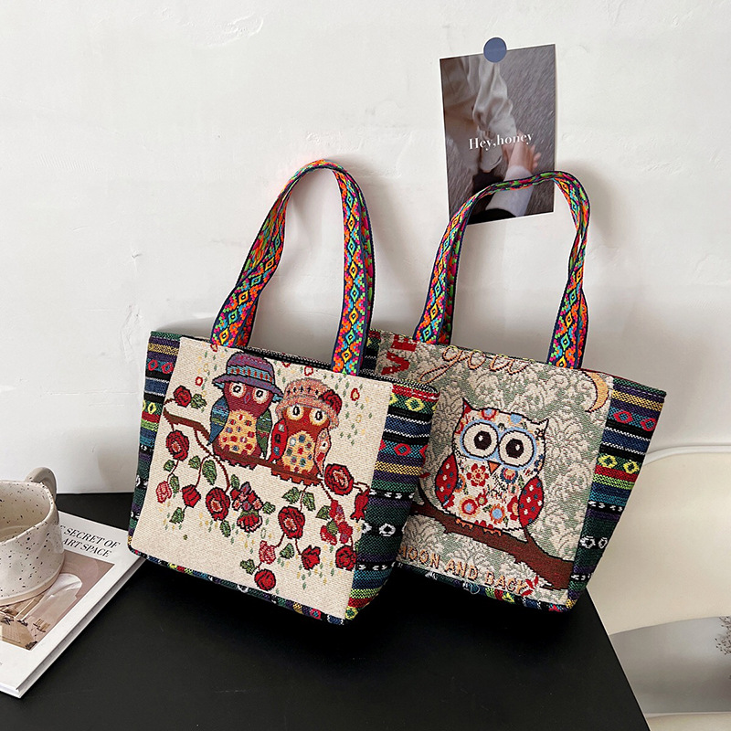 Cross-border ethnic style embroidered hand-held bag, artistic and retro single-shoulder bag for women, large-capacity linen embroidered handbag for women full figure