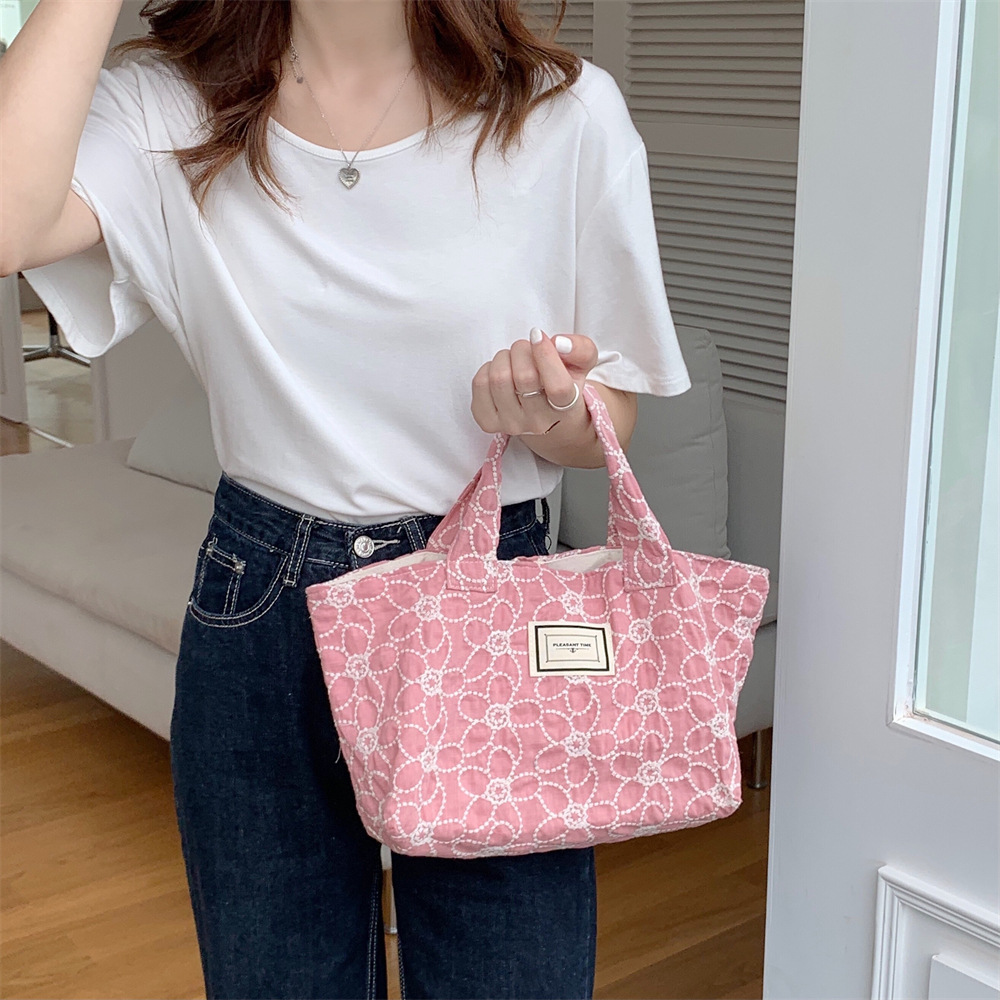 16301 Daisy embroidery Floral Korean version handbag, large-capacity hand-held bento bag for work, and miscellaneous storage bag Specification drawing