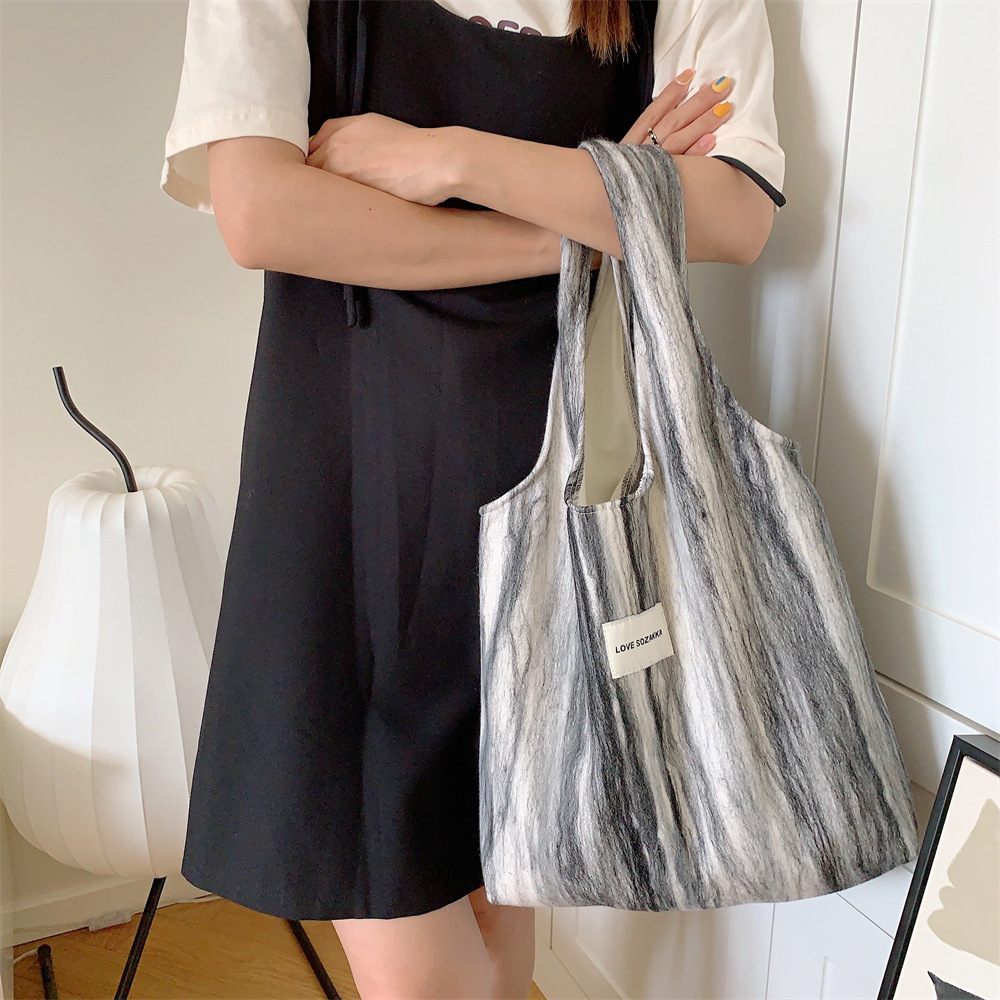 3853 Trendy woolen striped single-shoulder backpack, canvas bag, student handbag, large-capacity fabric bag for shopping full figure