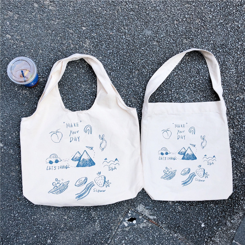 99304 ins single-shoulder hand-carry canvas bag, cute cartoon illustration tote bag for girls, student trend details Picture