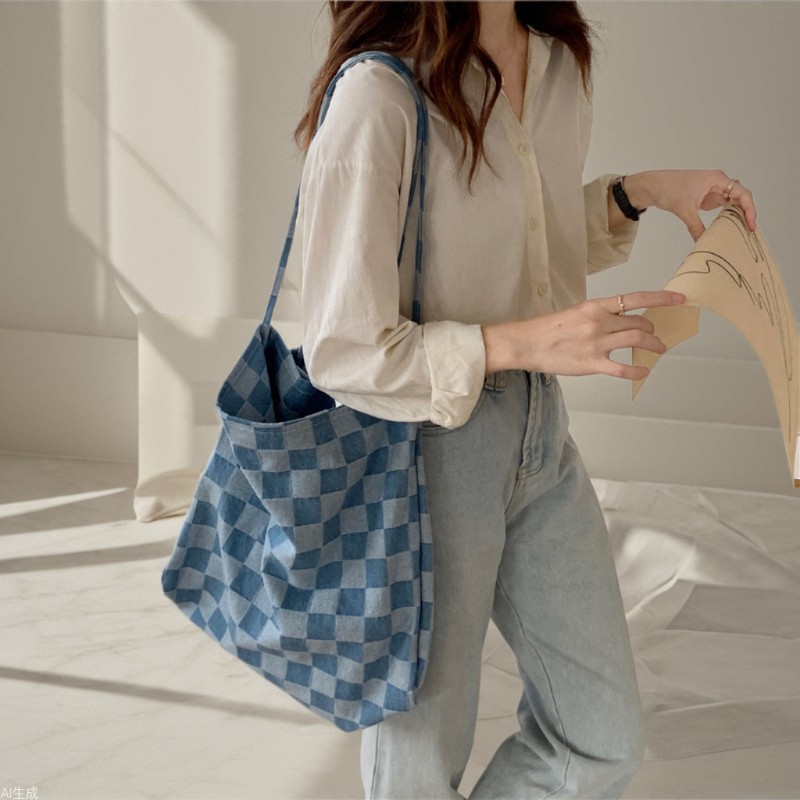 Wholesale 16241 Korean version checkerboard large capacity Tote bag, denim canvas single-shoulder bag, female student hand-held cloth bag full figure