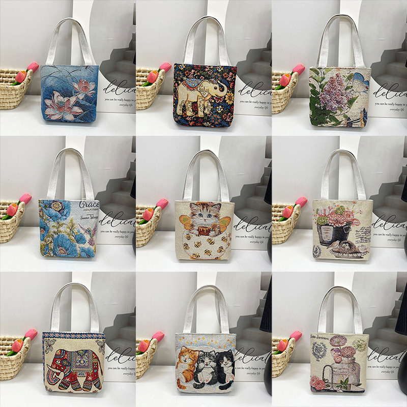 Cross-border gold thread double-sided embroidery small square bag, ethnic style casual canvas single-shoulder bag, fashionable Chinese style printed hand-held bag full figure