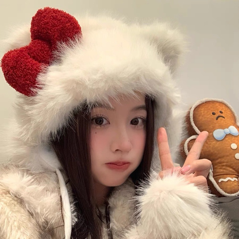 Cute cat bow woolen hat, Korean winter girl's heart, fashionable and warm, Lei Feng hat, anti-freezing ear hat for women Specification drawing