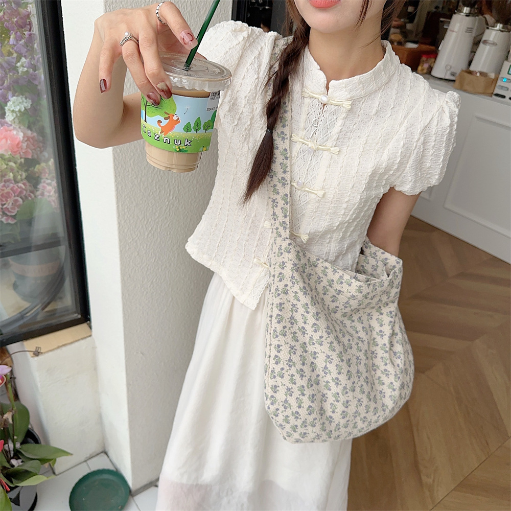 44203 Floral canvas bag, textured cotton and linen large-capacity single-shoulder handbag, casual student shopping bag details Picture