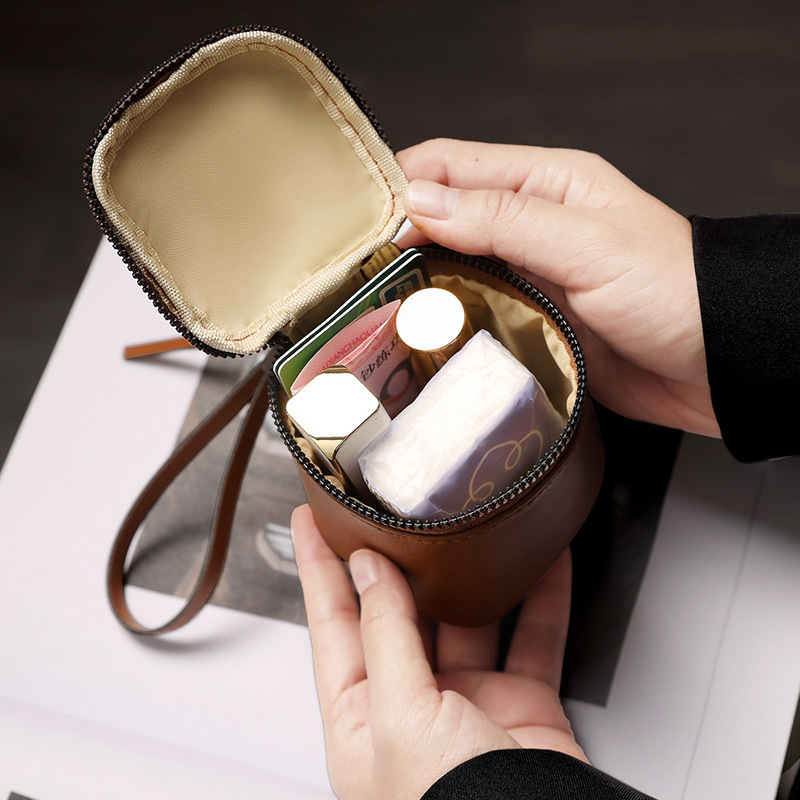 Retro leather makeup bag, lipstick, loose change storage bag, portable travel storage bucket, personalized mini round coin purse Specification drawing