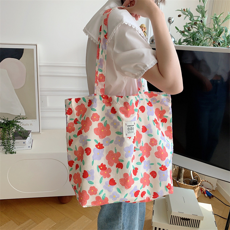 26101 Summer Floral Fabric Bag, Large Capacity rose Canvas Bag, beach Bag, Shopping Bag, single-shoulder bag details Picture