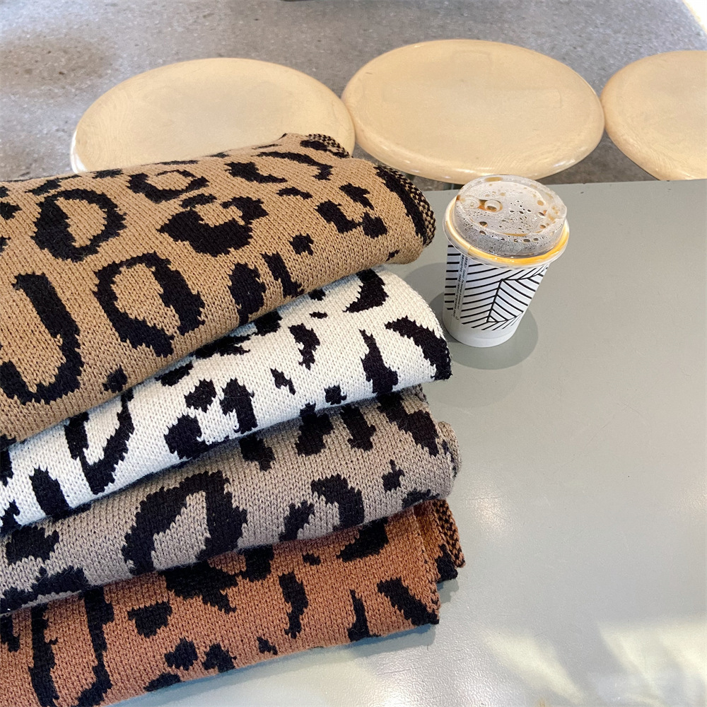 011281 New knitted leopard print knitted scarf for women, warm and windproof, versatile for cycling, Korean-style scarf shawl full figure