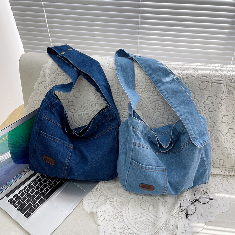 Korean ins denim canvas single-shoulder bag for women, large capacity, simple and versatile shopping bag, college student class crossbody bag Specification drawing