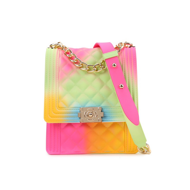 Clearing out rainbow-colored graffiti printed diamond-shaped chain small square bag, vertical color pvc jelly bag in stock for shipping Application Scenario