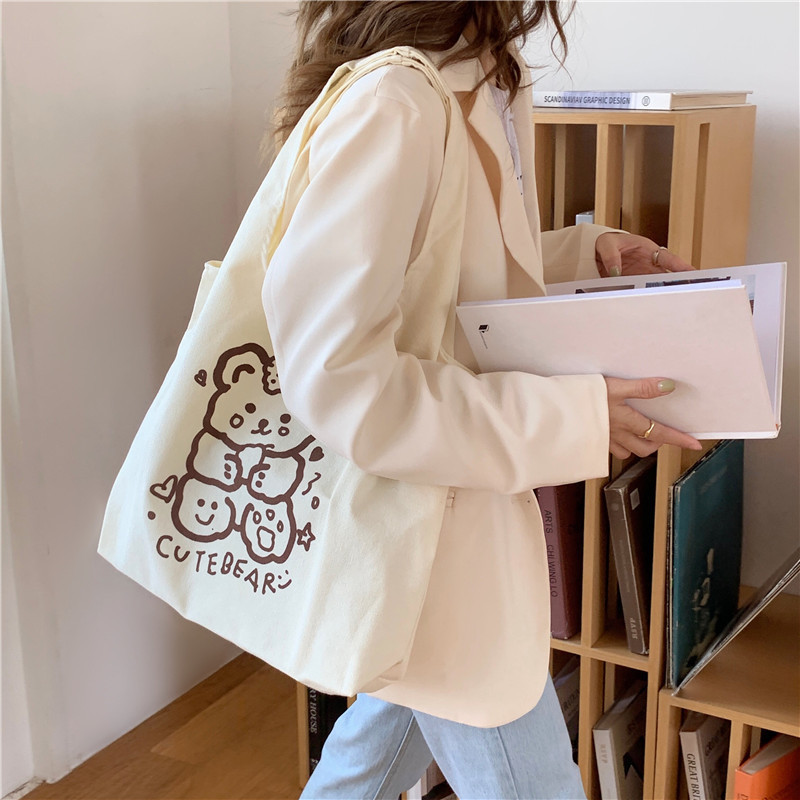 1961 Korean cartoon printed single-shoulder bag, simple Japanese student cute tote bag, large capacity canvas bag for women Specification drawing