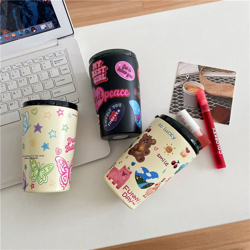 Cute cartoon insulated cup, 2023 new style student coffee cup, portable travel cup, water cup, stainless steel cup details Picture