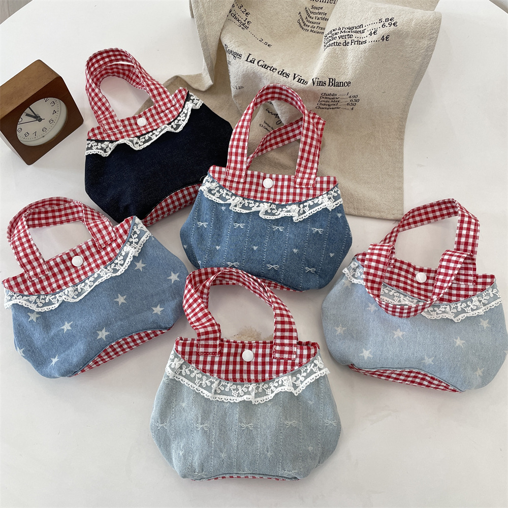 53251 Korean-style sweet and fresh lace-trimmed hand-held bag, retro and fashionable red and blue checkered handbag full figure