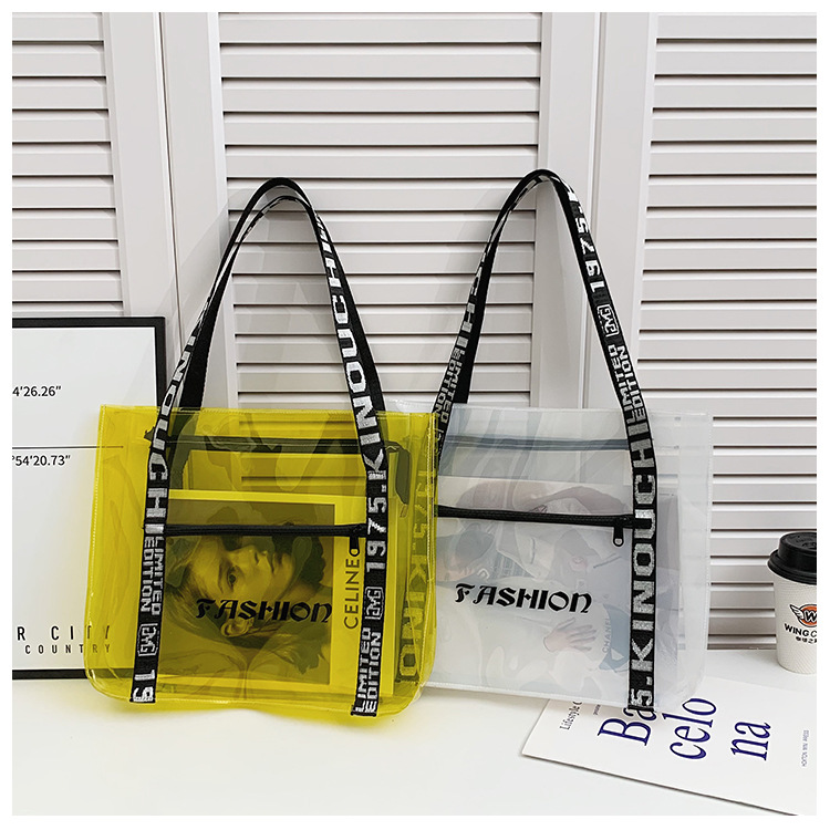 New portable jelly bag, fashionable large-capacity PVC transparent handbag, high appearance level, English single-shoulder bag for women details Picture