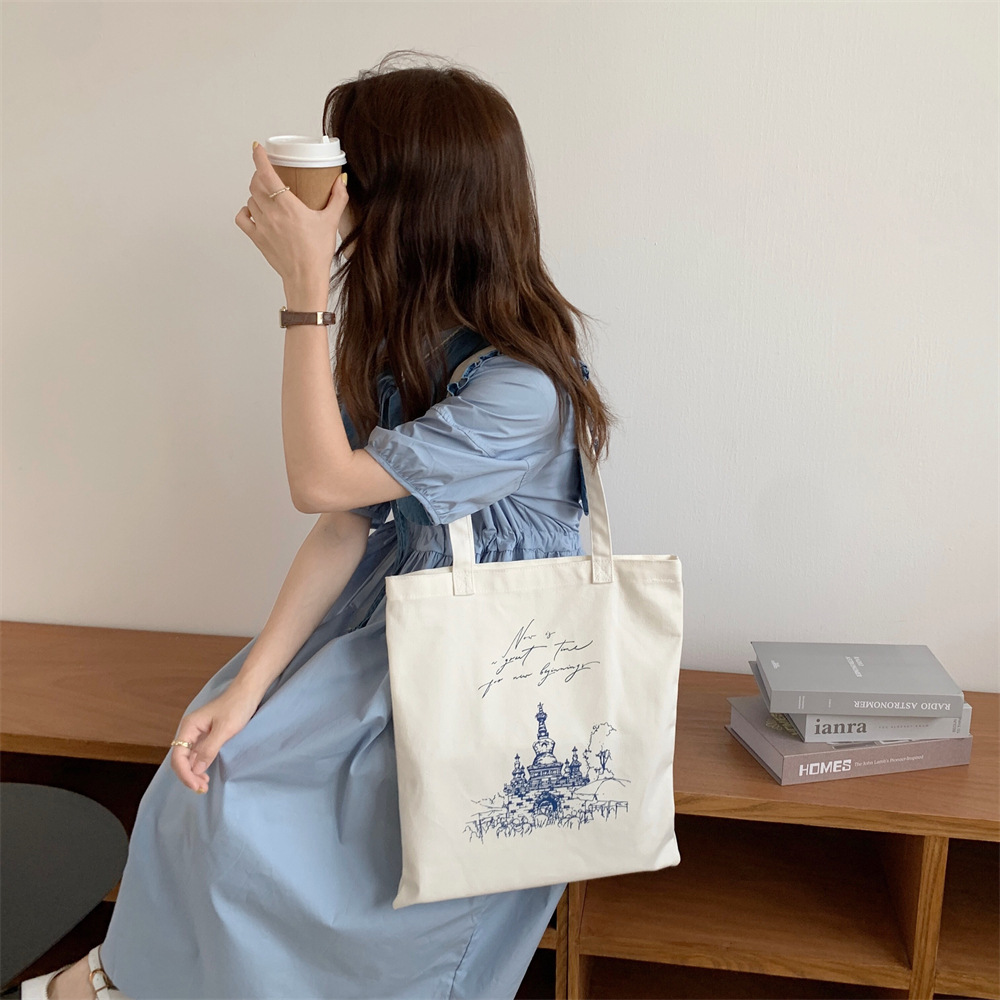 IJ15182 simple student canvas bag, large-capacity tutorial bag, castle print schoolbag, shopping bag, single-shoulder bag full figure