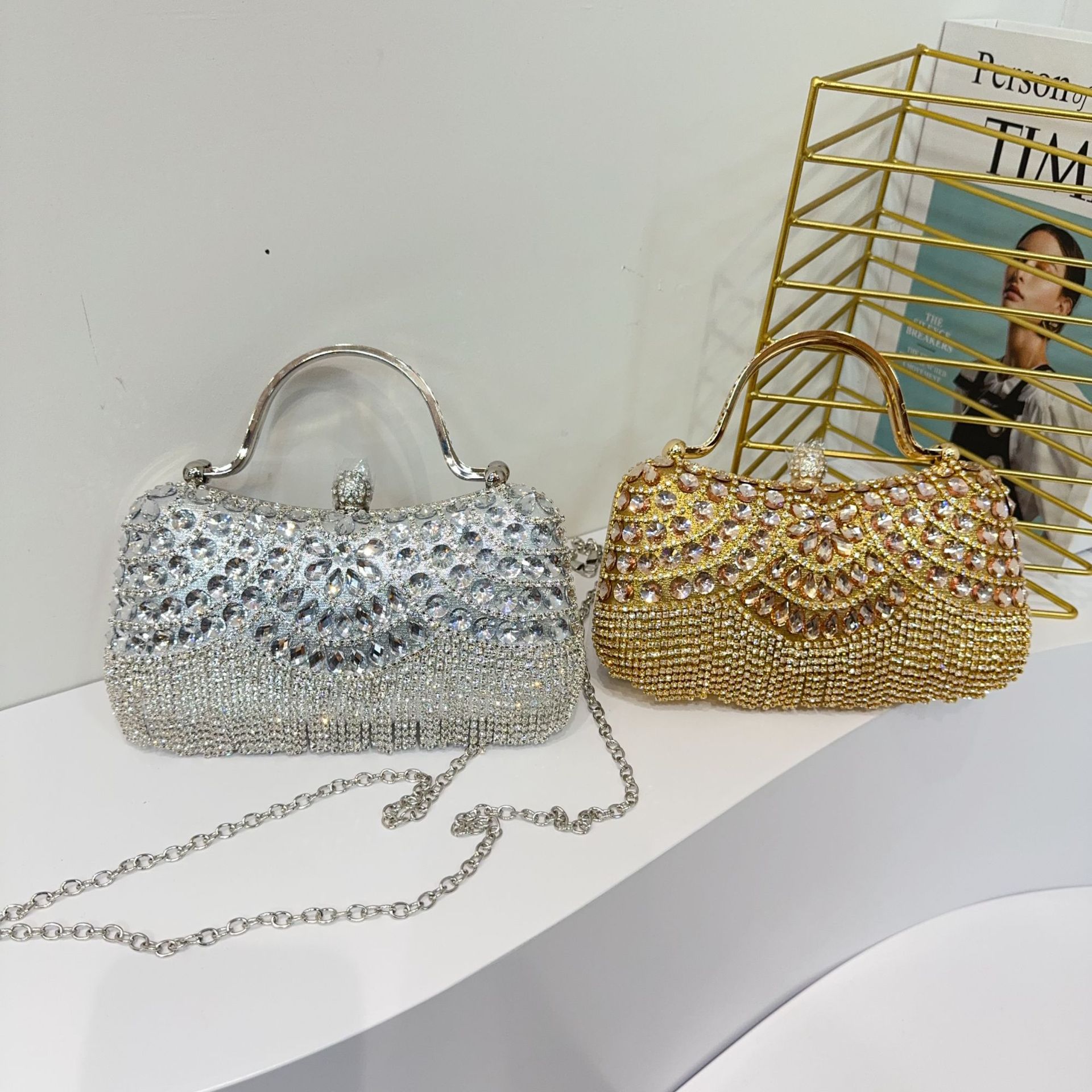New cross-border diamond-encrusted clutch bag, fringed evening bag, birthday, wedding and banquet single-shoulder crossbody dinner bag full figure