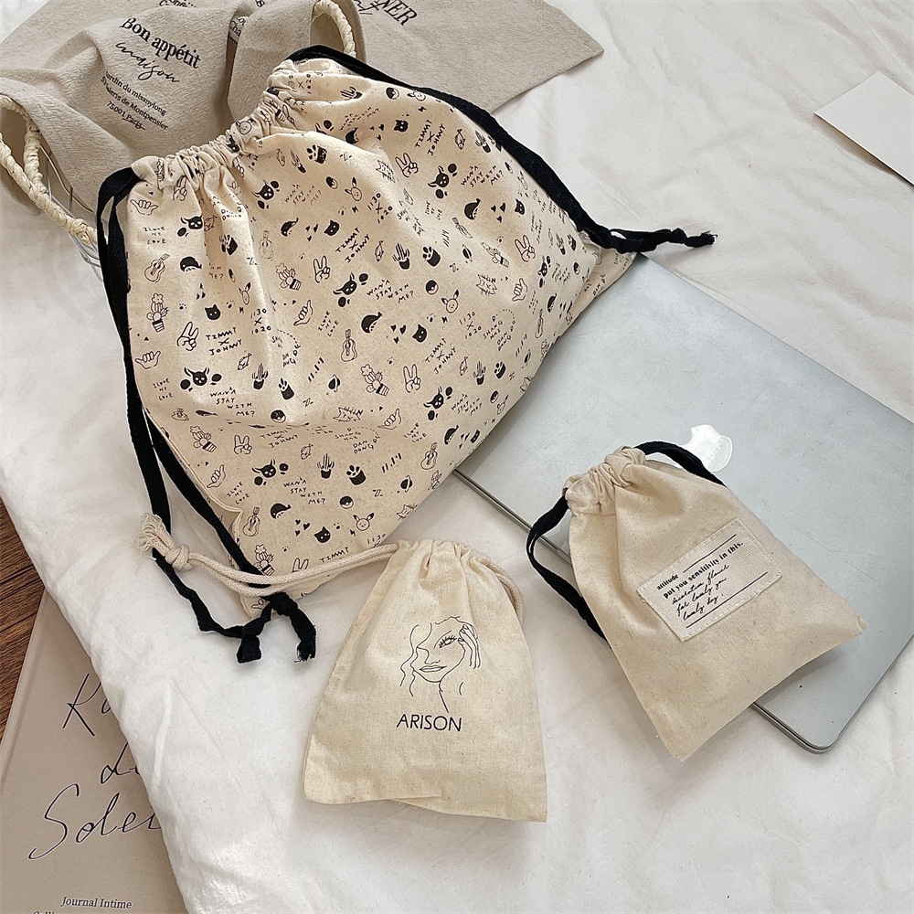 bj250222 Cute cartoon cotton printed cat drawstring storage bag, cosmetic bag, multi-functional travel packaging details Picture