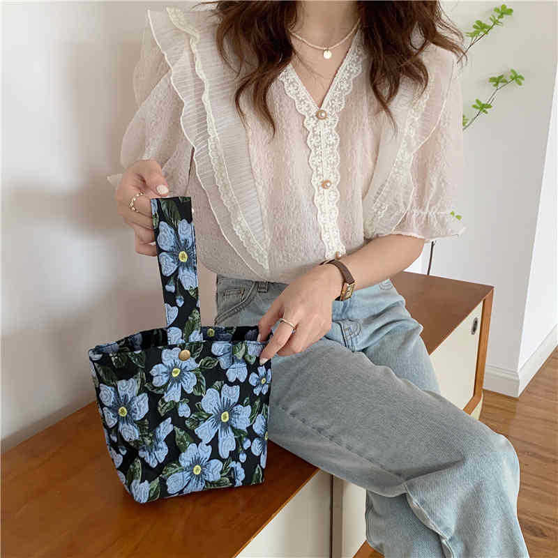 1763 Women's three-dimensional jacquard fabric retro underarm bag, trendy French blue flower girls' single-shoulder bag, student canvas bag Specification drawing