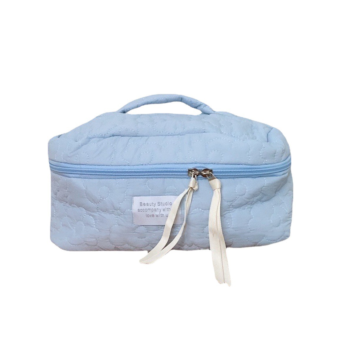 The 2631 Japanese-style fresh color-blocking flower hand-held makeup bag has a large capacity and can be carried hand in hand with a storage bag and a student pen case Item Picture