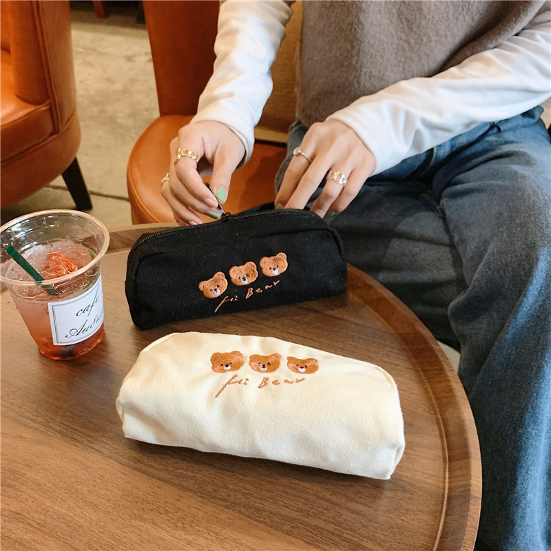 【 In Stock 】2113 Cute Bear Embroidered Canvas Pen Case, Japanese Student Stationery Box, Large Capacity Storage Bag details Picture