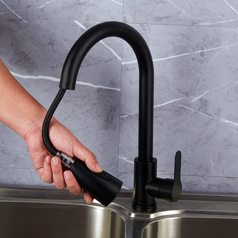Kitchen pull-out faucet, stainless steel, black, cold and hot mixed water, household sink, sink, universal telescopic faucet full figure