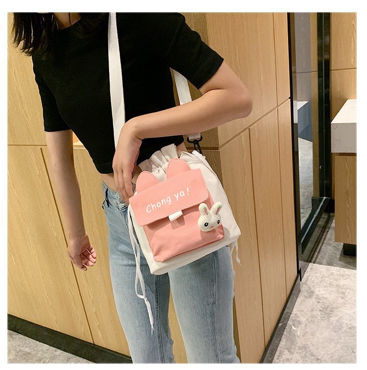 Korean campus fresh and cute cartoon rabbit bucket bag, color-blocking small bag, versatile casual single-shoulder crossbody bag undefined