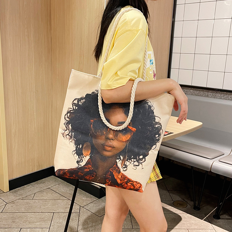 Cross-border fashion single-sided printed tote bags for women, creative women, thick rope, versatile, large-capacity beach bags, single-shoulder bags wholesale Specification drawing