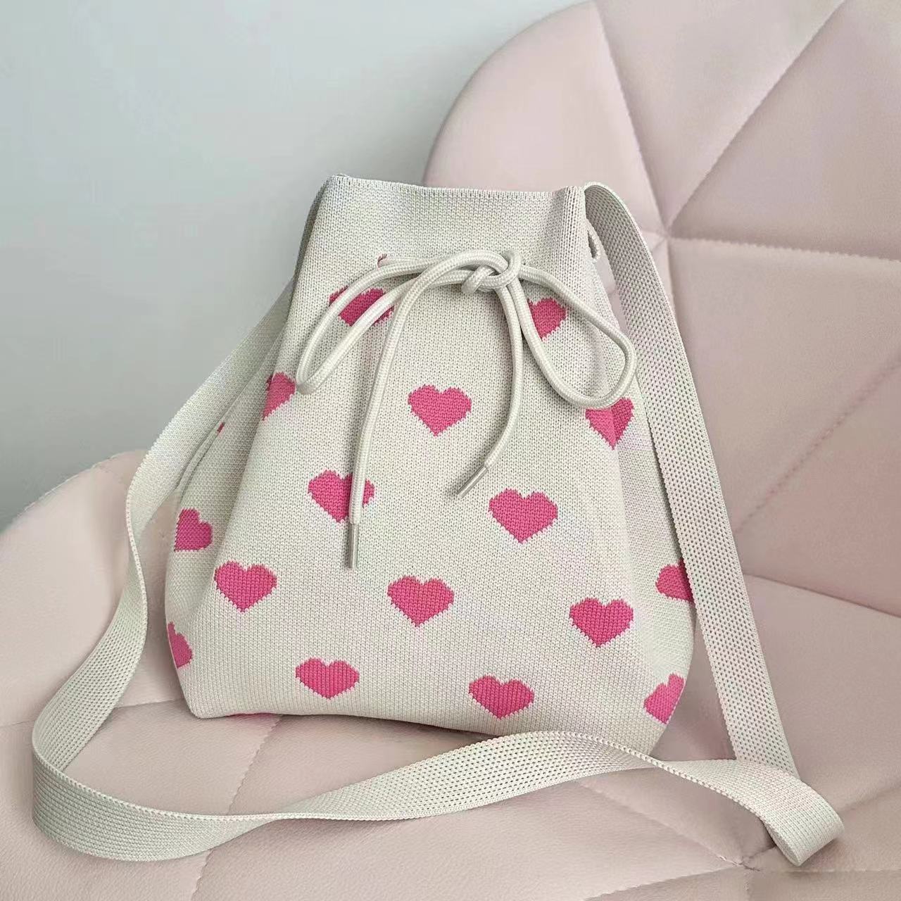 ins internet-famous drawstring bag, women's knitted bag, bucket bag, Longchamp bag, Japanese and Korean versions, versatile casual tote bag, crossbody Specification drawing
