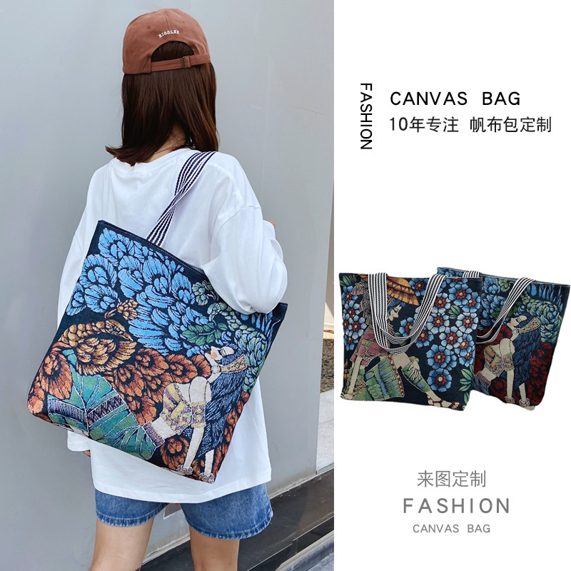 New painted European and American retro bags for women wholesale, fashionable ethnic style underarm tote bags, women's single-shoulder canvas bags details Picture