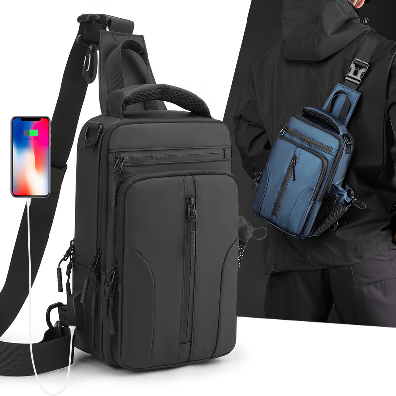 Men's functional chest bag, men's water-resistant crossbody bag, trendy postman bag, outdoor multi-functional single-shoulder crossbody bag full figure
